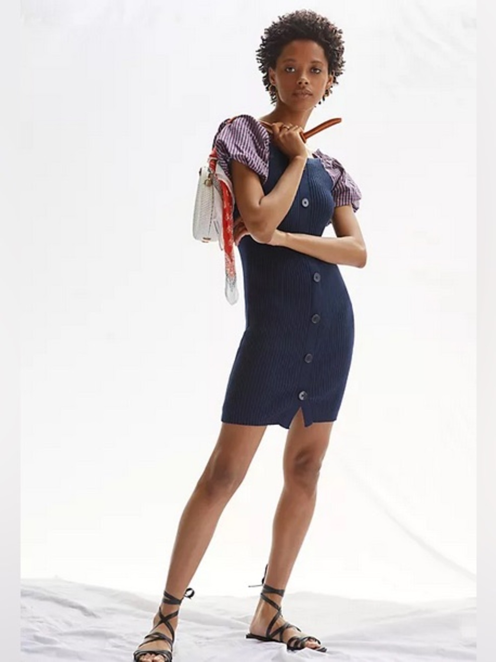 Maeve by Anthropologie Puff-Sleeved Ribbed Knit Mini Dress Navy Gingham Sz S
